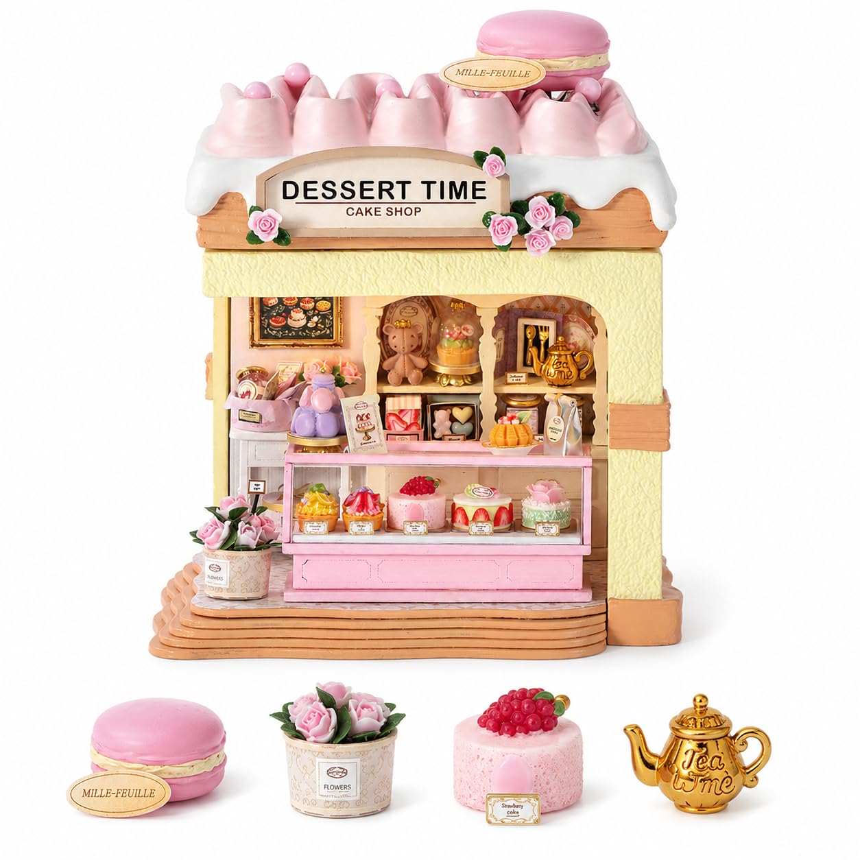 Spilay Miniatur Haus, Rose Dessert Shop DIY Miniature House mit LED-Licht, 3D Holz Puppenhaus Bastelset zum Entspannen & als Deko - Kreatives Geschenk (Weihnachten, Valentinstag, Geburtstag)