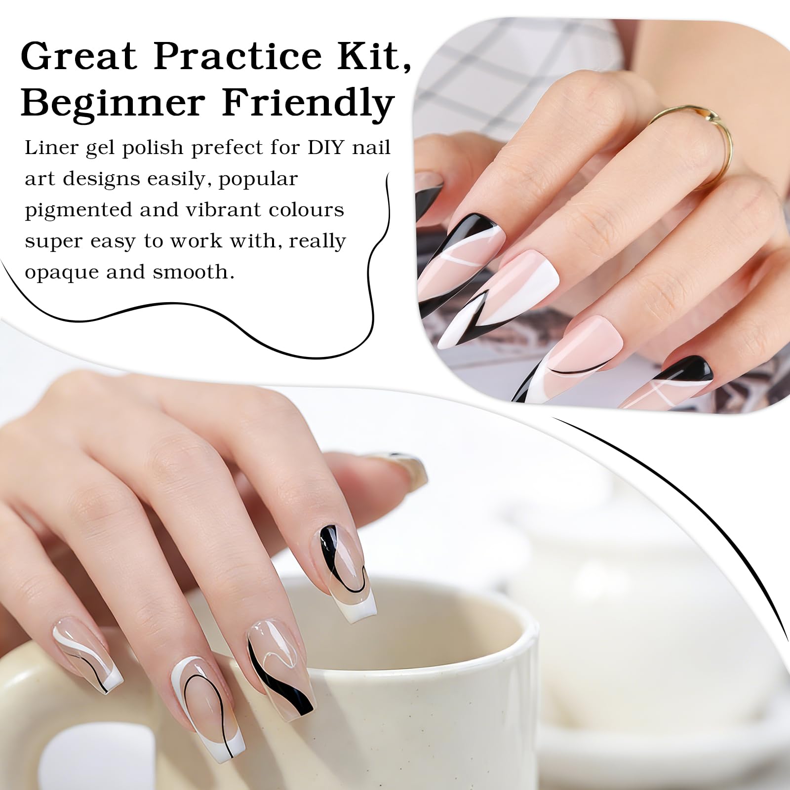 INPING 2 szt. Liner Gel Nail Art, TPO-FREE HEMA-FREE, 2 kolory biały i czarny liniowy lakier półtrwały, lakier żelowy UV, lakier do paznokci, francuski manicure dla początkujących, 8 ml
