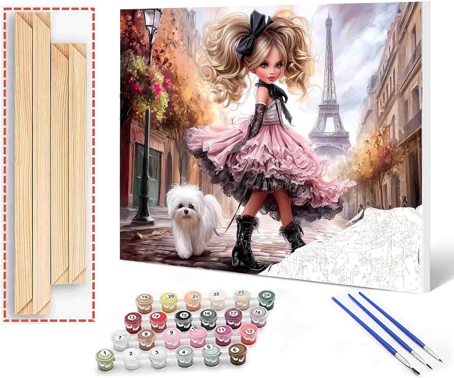 Tucocoo Paris Girl Paint by Number Fashion Girl and Fluffy Dog DIY Painting Kits on Canvas with Brushes Acrylic Paints Romantic City Street Paint by Numbers for Adults Beginner 16x20 Inch (DIY Frame)