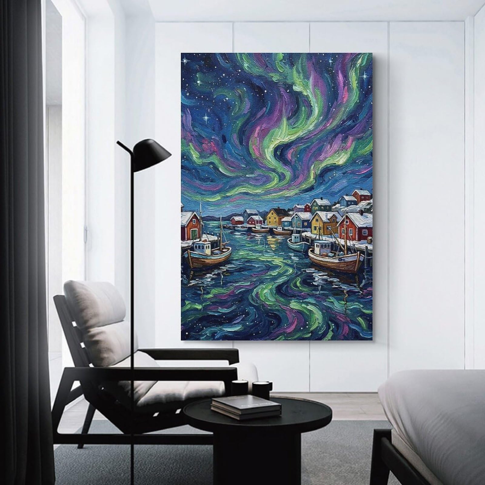Junmoney Northern Lights Over Coastal Village Painting Room Decor Wall Art, 24x36inch(60x90cm), for Office, Study Or Home Workspace, Decorative Artwork for Productive Spaces