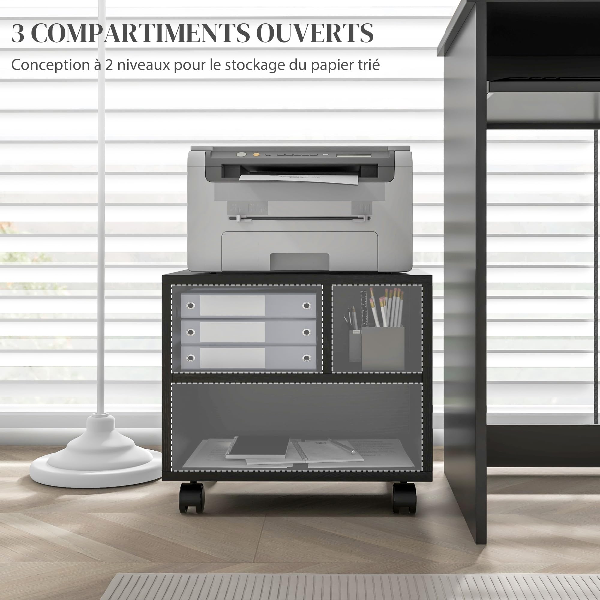 HOMCOM Support d'Imprimante 3 Compartiments 40L x 30l x 36H cm Bois Noir | Meuble de Rangement, Caisson de Bureau, Compartiments Ouverts