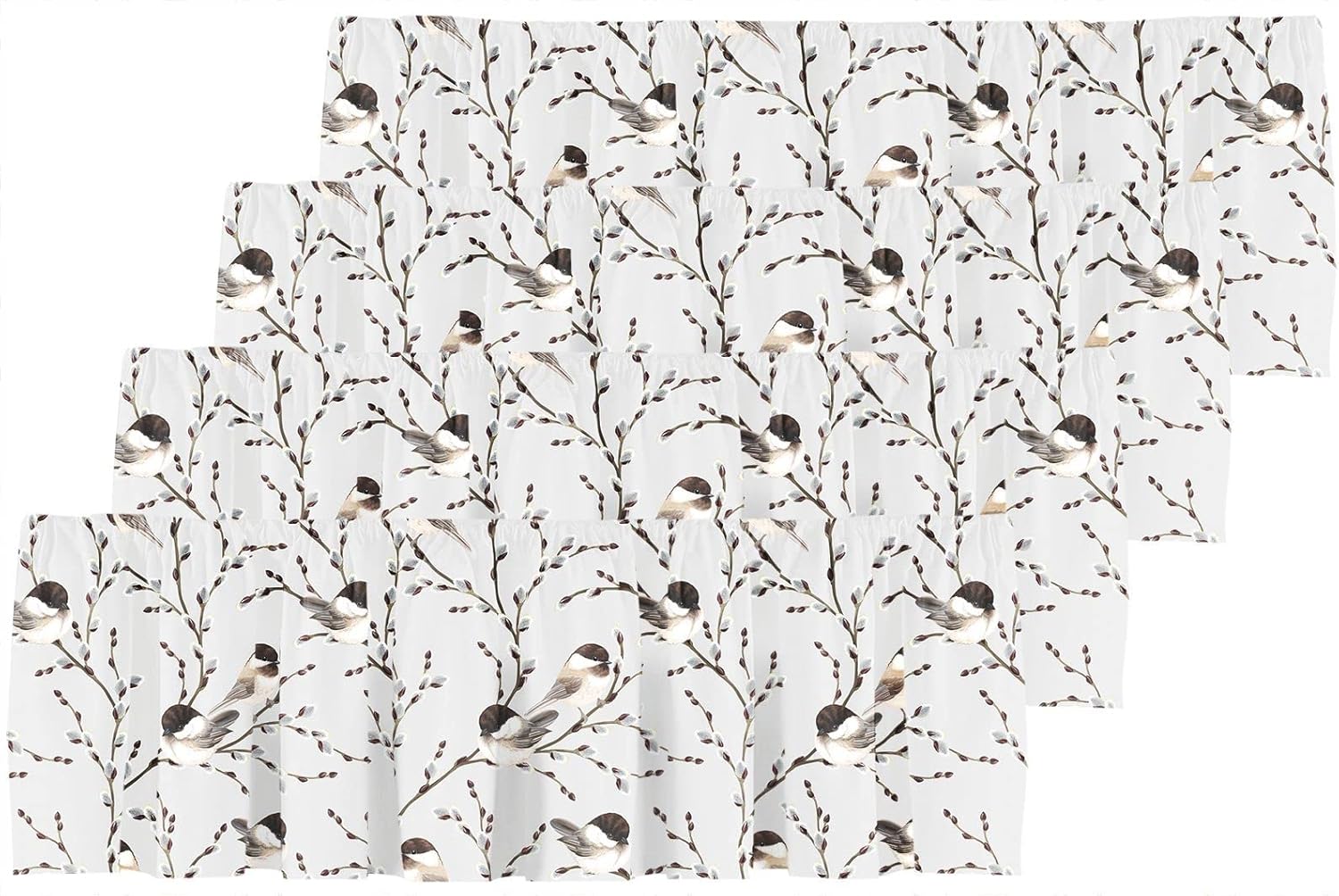 Healbrighting Blackout Branches and Birds Black Capped Chickadee Vintage Watercolor Rod Pocket Short Window Curtain Valance for Kitchen Bedroom Decor, 52" x 18", Light Grey and Black, 4 Panels