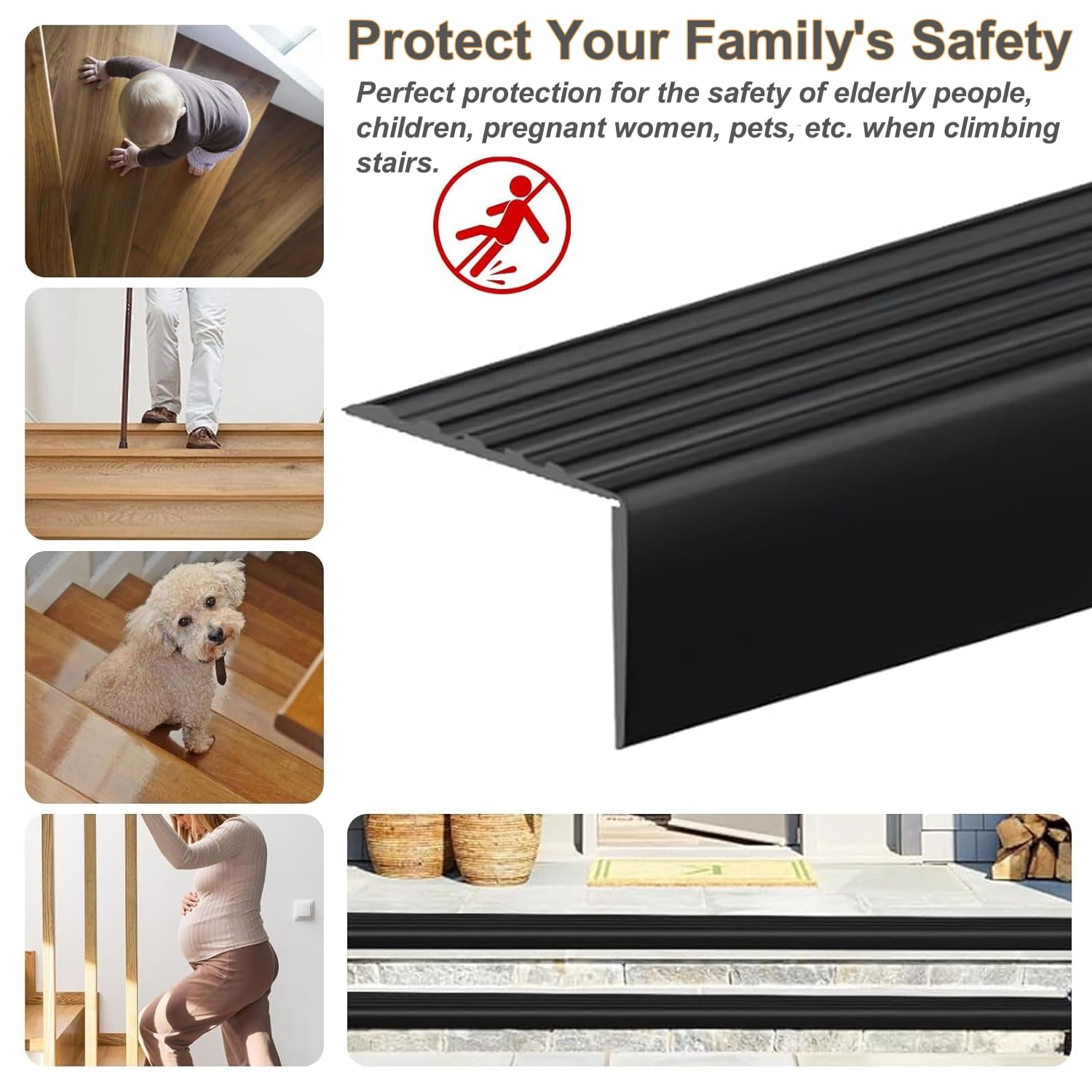 8m Profilé de Nez de Marche Autocollant de Qualité SupéRieure - Protection des Bords D'Escalier - En Caoutchouc de Silicone AntidéRapant - pour L'IntéRieur Et L'ExtéRieur - en Forme de L - Noir