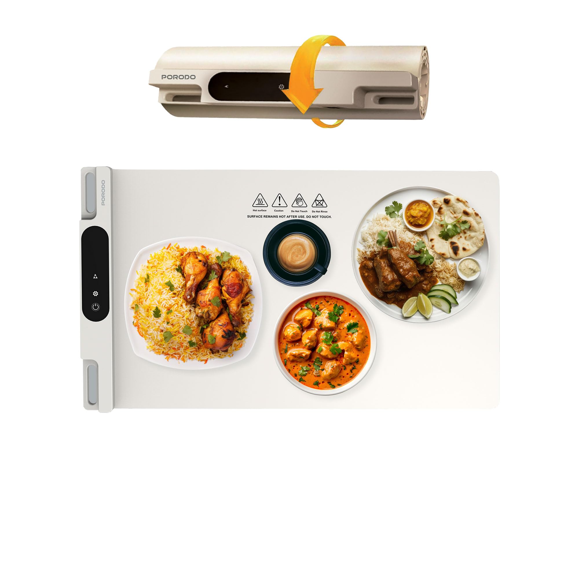 Porodo Lifestyle Electric Warming Table Food Mat, Quick-Roll Silicone, 10S Rapid Heating, XL Capacity, Versatile Compatibility, Whole Block Heating, 50-70-90°C Temperature Settings - White