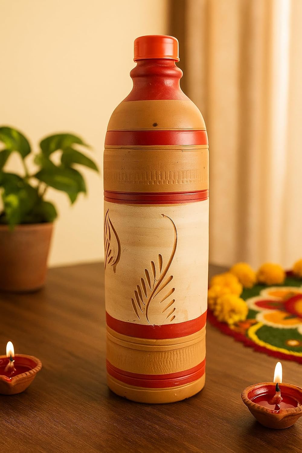 Clay Water Bottle for Drinking – Handmade Terracotta Earthen Bottle | Natural Mitti Water Bottle | Eco-Friendly, BPA-Free, Chemical-Free, Reusable Water Container (Style 2)