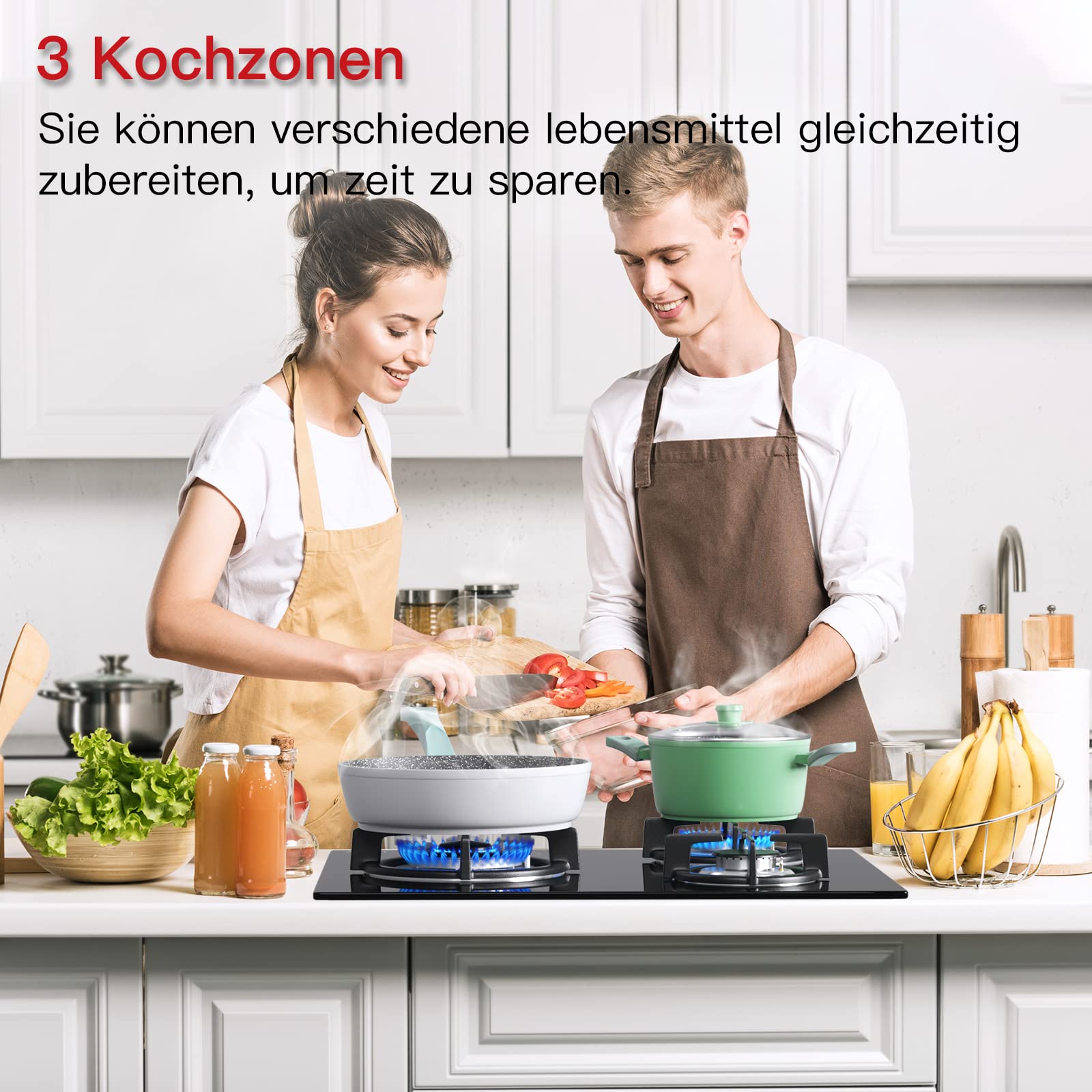 Glas Gaskochfeld 3 Flammig 60cm 220-240V Erdgas Propangas Schwarz