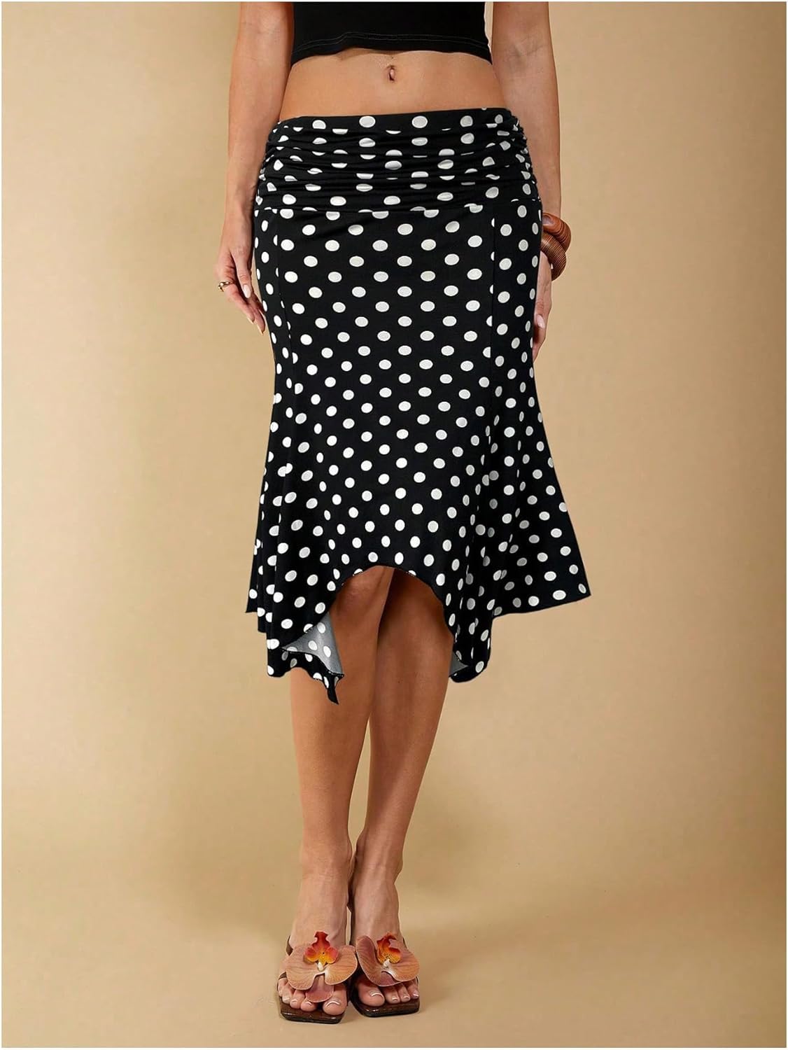 Verdusa Women's Polka Dots Ruffle Fishtail Skirt Elegant Ruched Knee Length Skirts - Image 4
