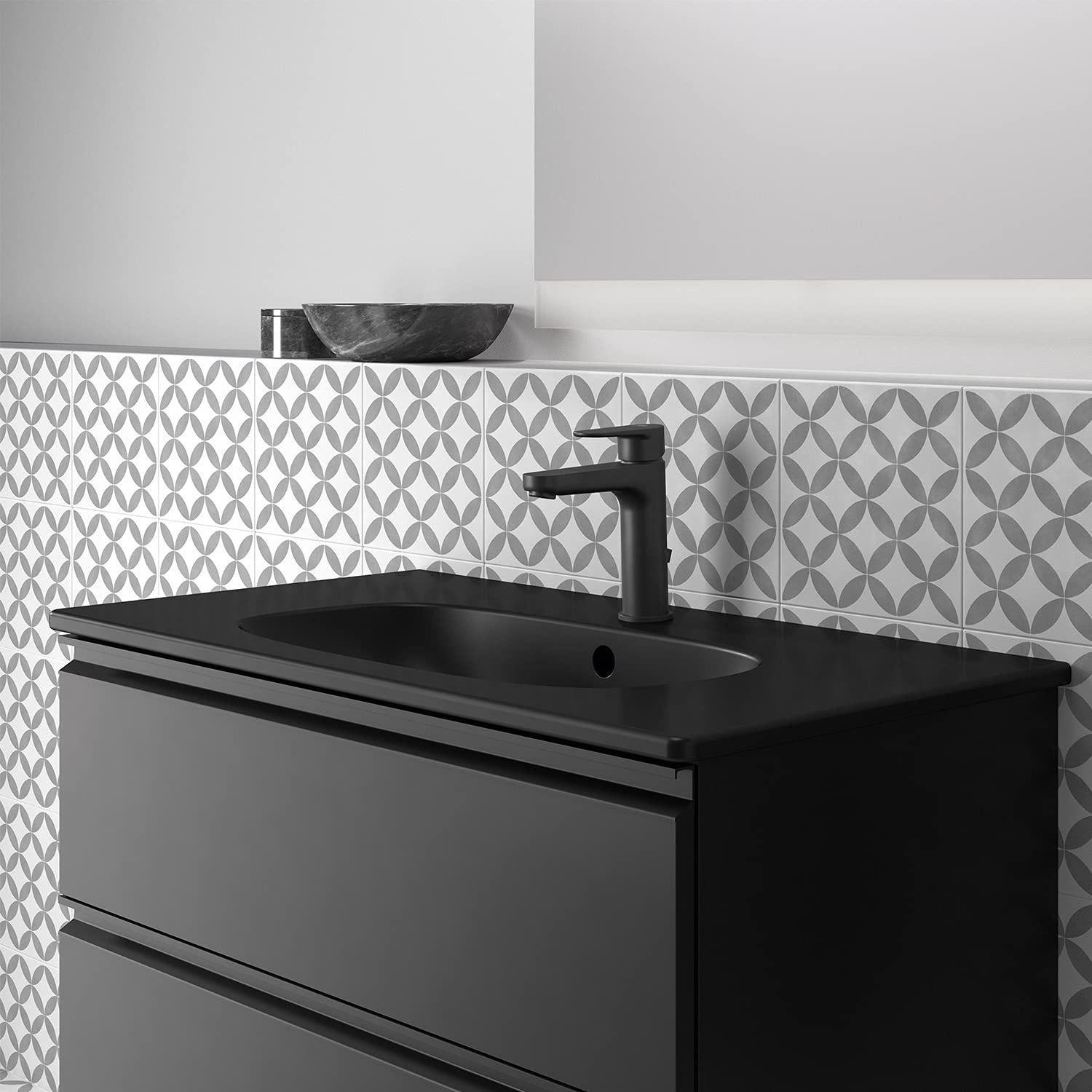 Ideal Standard Cerafine O Waschtischarmatur, Auslaufhöhe 122 mm, wassersparender Wasserhahn Badezimmer, mit Ablaufgarnitur, schnelle Montage – Schwarz Matt (50x166x176 mm)