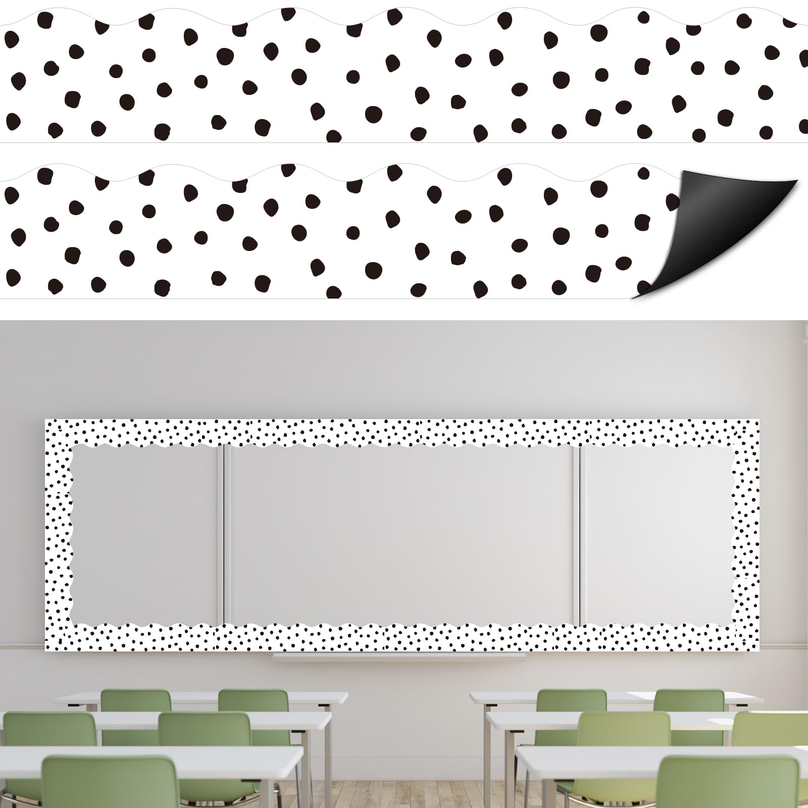 View 1 of ***MAGNET MAY NOT STICK LONGTERM***Whaline 24Pcs Magnetic Classroom Bulletin Board Border Reusable Black White Polka Dot Scalloped Magnetic Border Strip for Office School Chalkboard Bulletin Board Decor,11.8 x 2 Inch