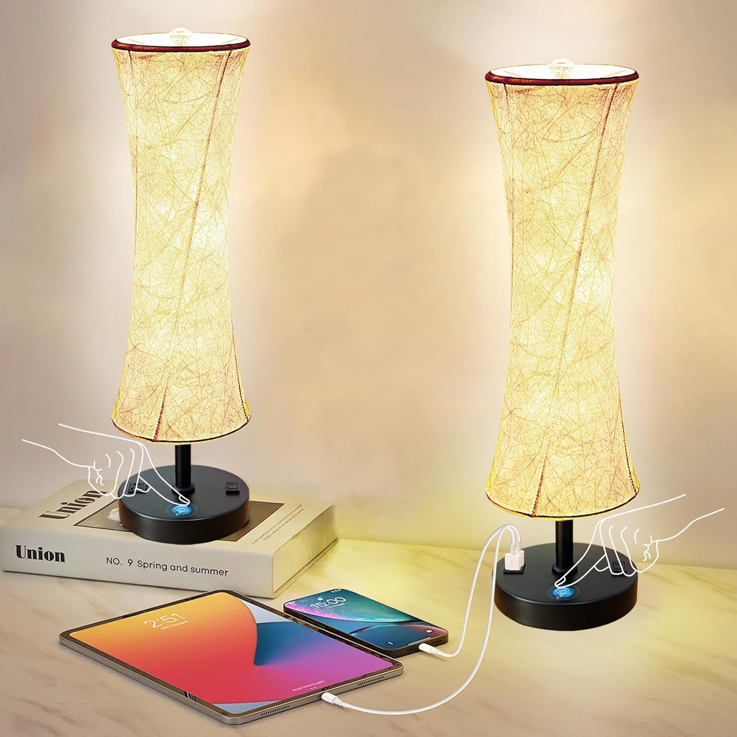 WORLD WIN Beside Table Lamp for Bedroom Set of 2, Table Lamps with USB