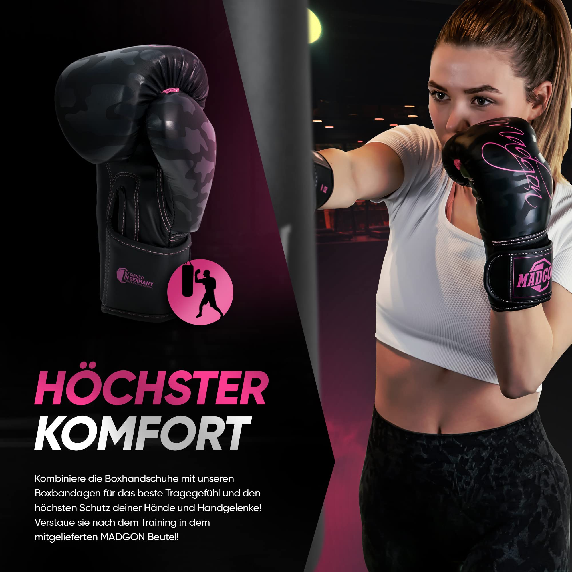 MADGON Premium Boxhandschuhe Damen - Frauen Kickboxhandschuhe für Kampfsport, MMA, Sparring, Muay Thai, Boxen - 10oz