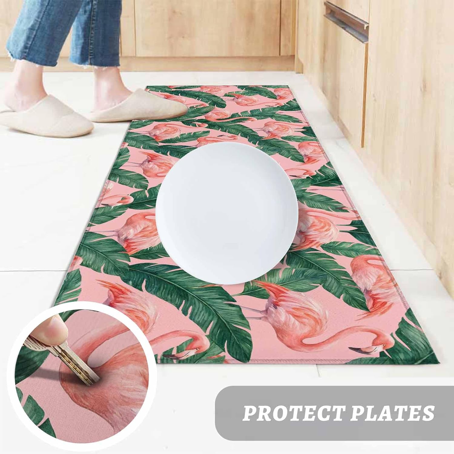 Teamery Kitchen Mats for Floor Watercolor Flamingo Palm Leaves Washable Non Slip Kitchen Rugs 1PCS, Animal Leaf Plant on Pink Absorbent Standing Mats for Sink Bathroom Office Living Room 23.6x70.9in