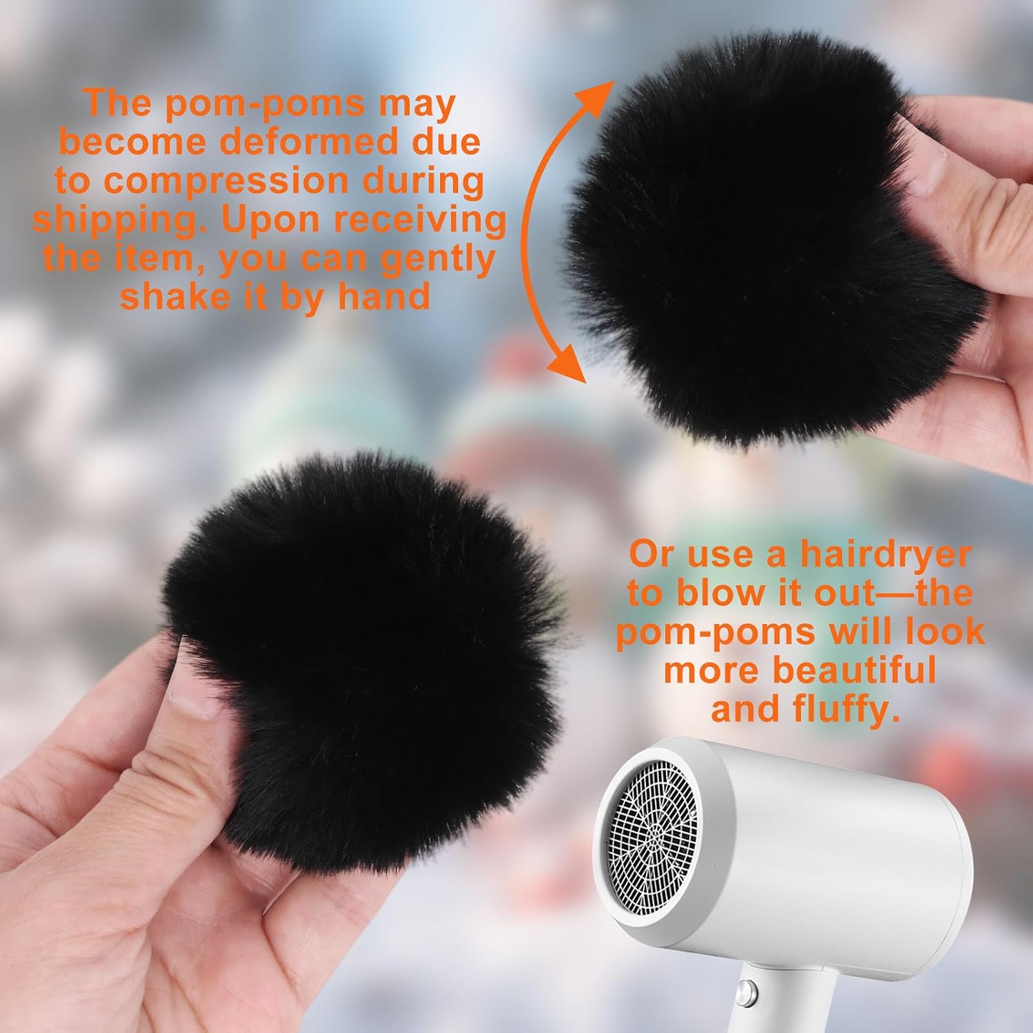 SWZHAI 12 Pcs 2.75 Inch Small Faux Fur Pom Pom Balls, Fluffy Pompom with Elastic Loops for Hats, Scarves, Bags, Shoes, Gloves & Key Chain Charms Accessories(Black)