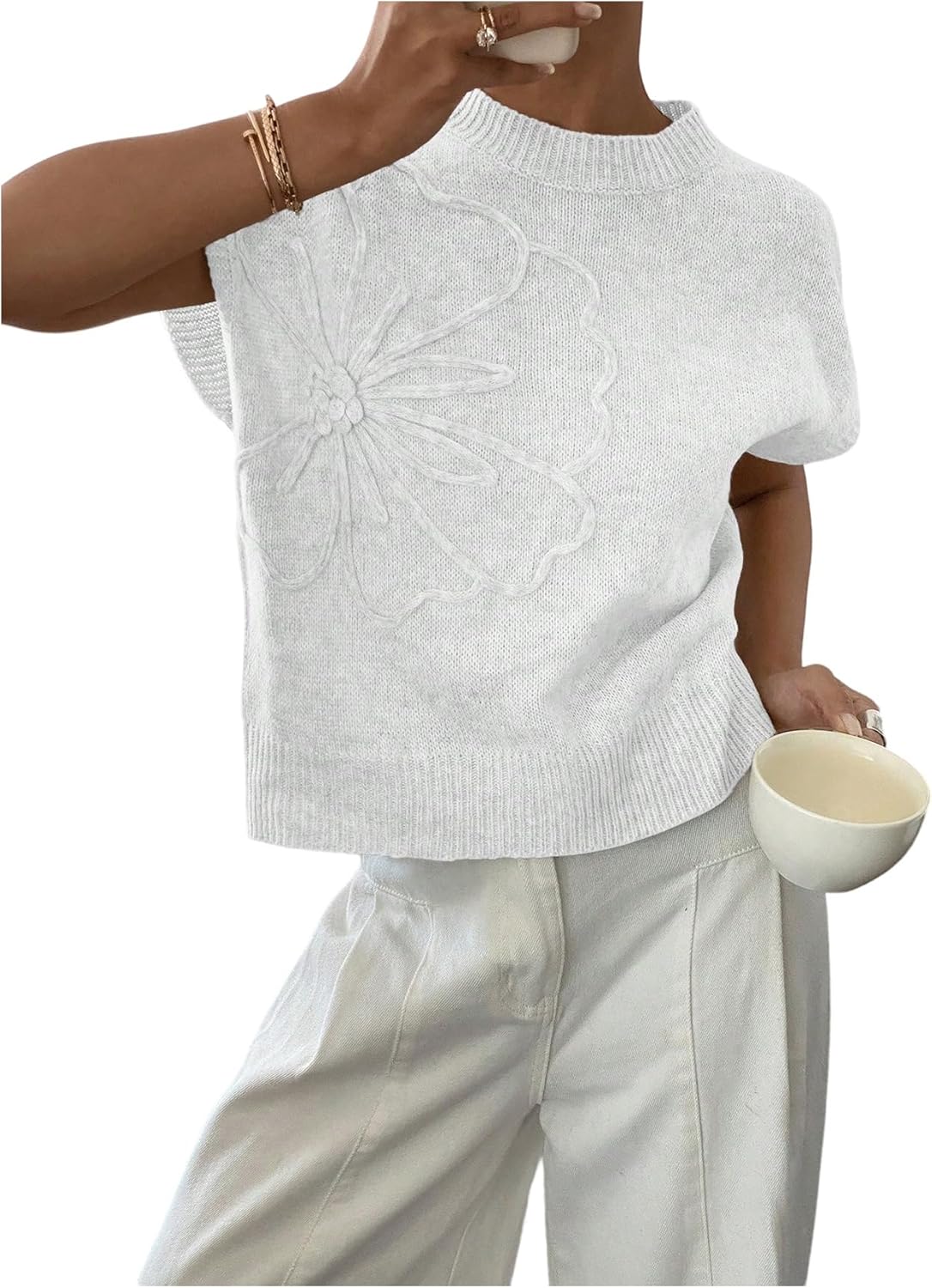 SOLY HUX Women's Short Sleeve Sweater 3D Floral Sweaters Pullover Tank Tops Knit Vest Trendy Fashion Clothing