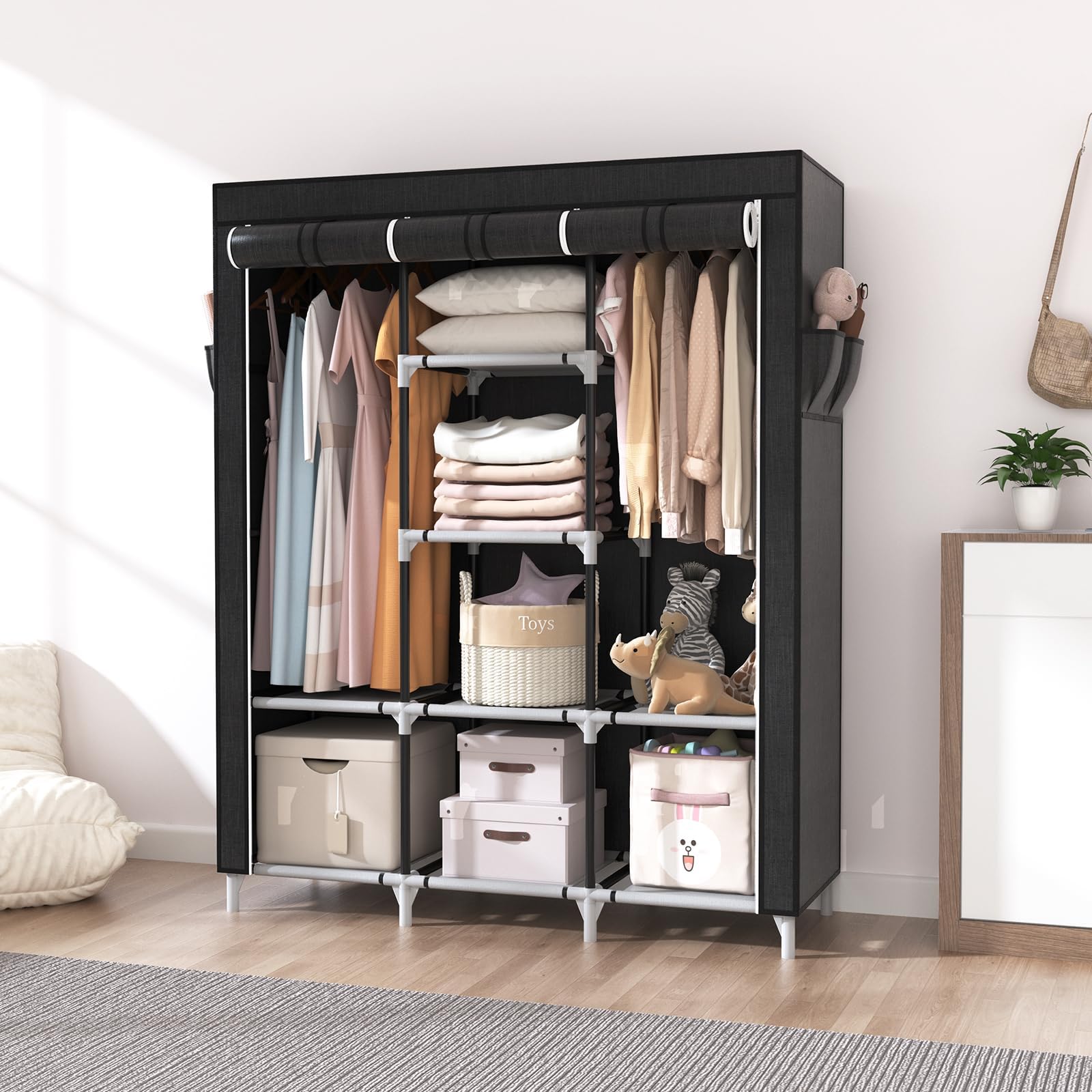 Vicye Grande Armoire en Tissu avec 2 tringles à vêtements et 8 étagères, Pliable, avec Housse, pour Dressing, Chambre à Coucher (Noir, 124 x 42 x 162 cm)