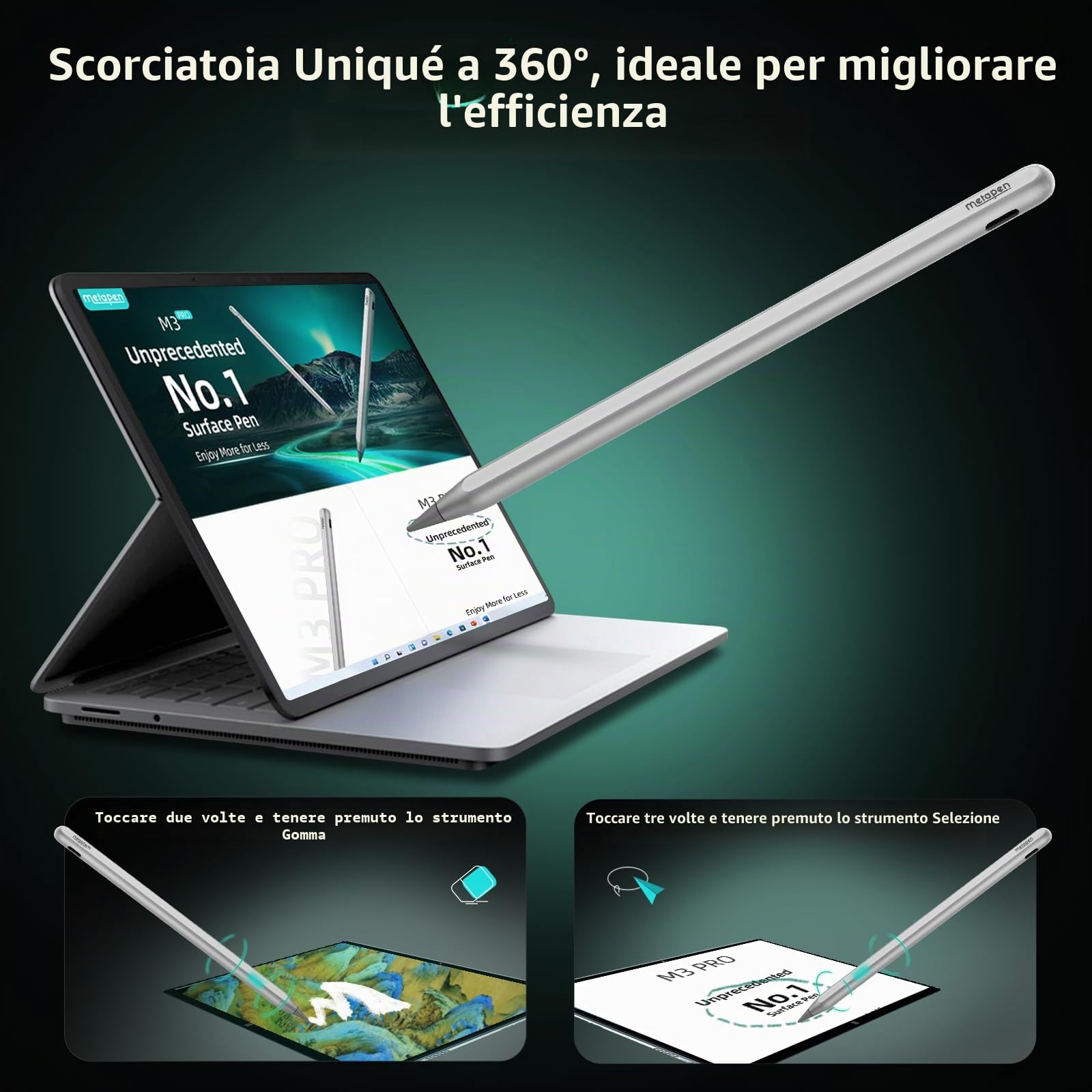 Metapen Penna Stilo M3 per Microsoft Surface a Pulsante Touch 360°,4096 Livelli,Inclinazione & Rifiuto del Palmo per Surface Pro X/9/8/7/6/5/4,Surface Go,Laptop,Studio, Book,Duo,ASUS VivoBook,HP Envy