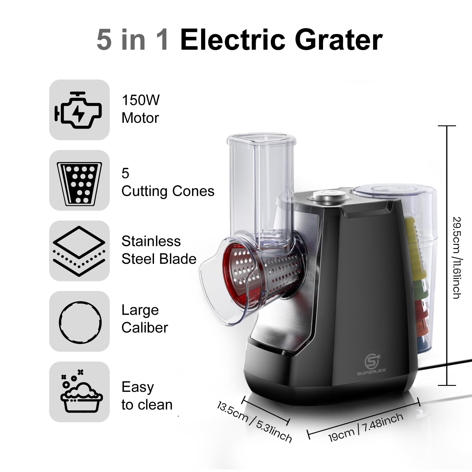Grattugia elettrica per formaggio 5 in 1, grattugia rotante per verdure, affettatrice per verdure, 150 W, multifunzione, con 5 lame intercambiabili per frutta, verdura, carote, noci