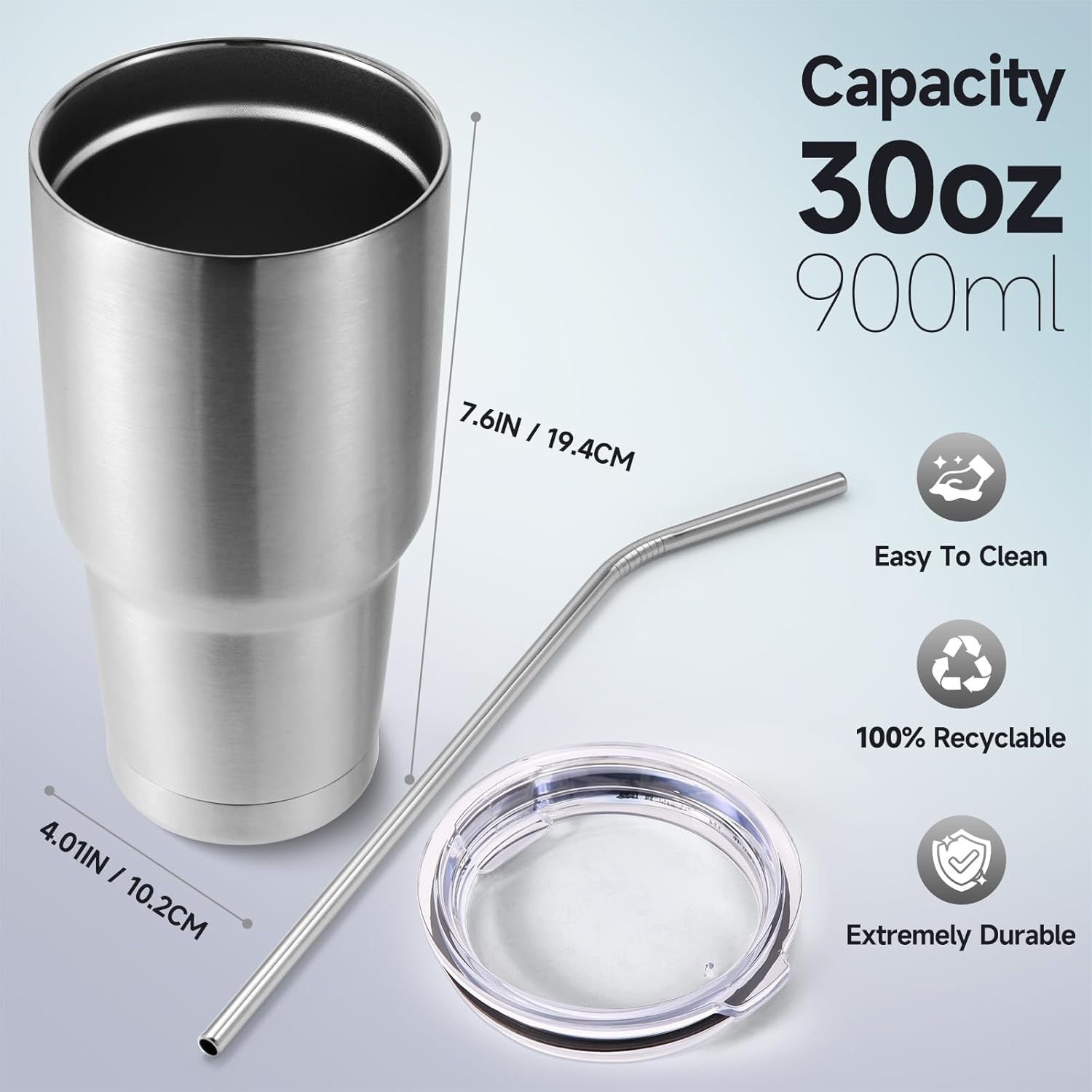 Volhoply 30oz Insulated Tumbler with Lid and Straw, Double Wall Inner & Outer 304 Stainless Steel Coffee Cup, Travel Mug Reusable Thermal Cup for Cold & Hot Drinks (Silver,1 Pack) - Image 2