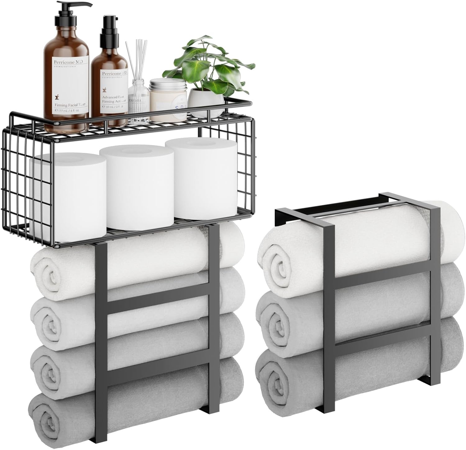 Towel Racks for Bathroom, 32inch Metal Wall Mounted Towel Holder with Storage Basket & Floating Shelf, Towel Storage for Bathroom, Laundry, RV, All Black
