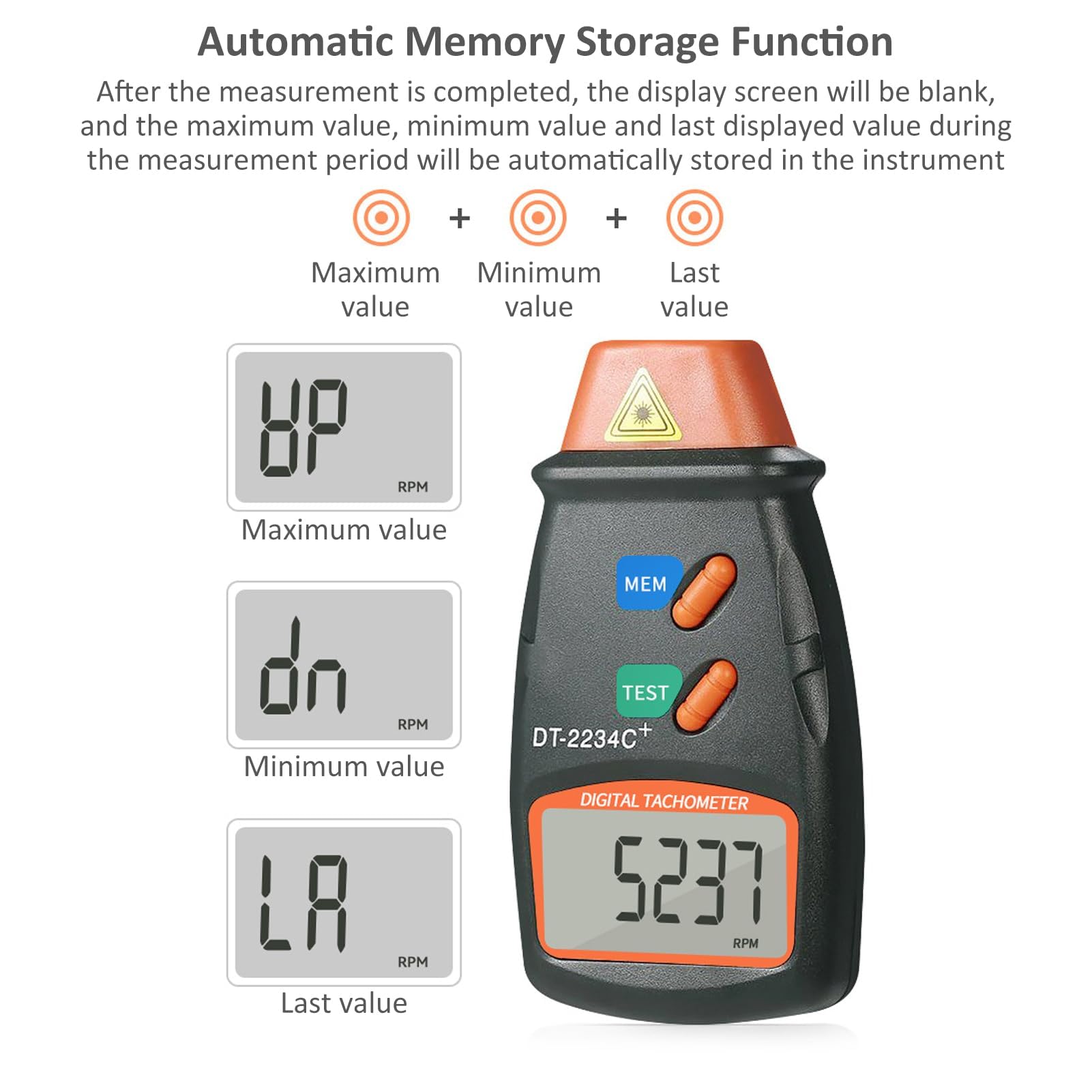 Contagiri Digitale, DT-2234C + Tachimetro Foto Digitale Tester Senza con LCD Display Mini RPM Tester Meter, Tach Range 2.5RPM-99.999 RPM