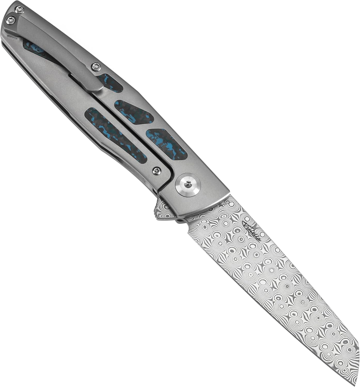 KANSEPT Cru Camping Pocket Knives for Men 8.19" Folding Pocket Knives with 3.46" Damascus and Purple Plain Titanium & Artic Storm Fatcarbon Handle for Outdoor, Tactical, Survival K1092A3