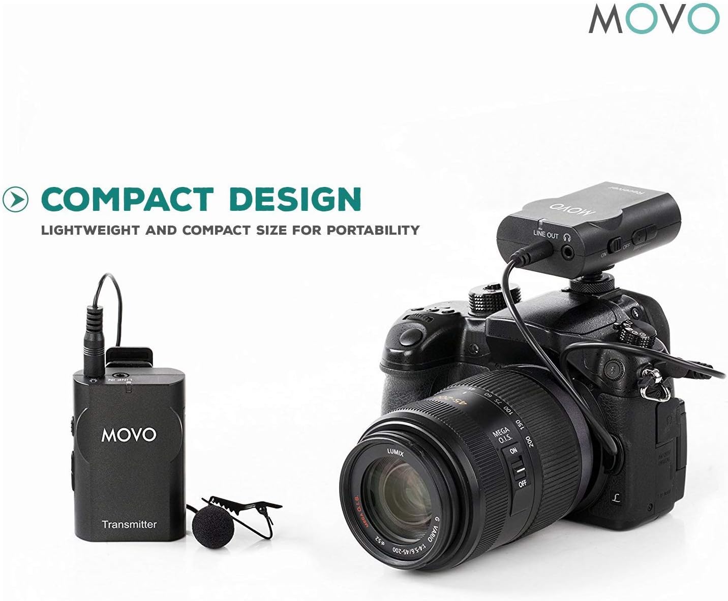 Movo WMIC10 Transmitter with lavalier mic and Receiver mounted on a DSLR camera