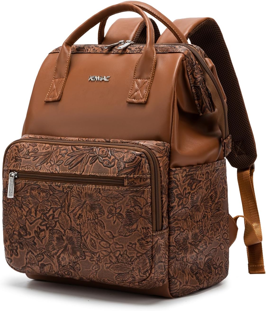 Kinmac Wide Open Style Laptop Backpack for Laptop Up to 15.6 Inch Men Women Travel Outdoor Backpack (Coffee Flower PU)