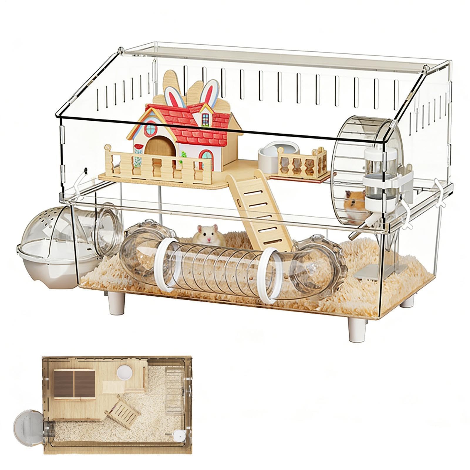 Jaula para Hámster Casa Transparente de 2 Niveles para Chinchilla | Espacio para Roedores para Interior, Exterior y Viaje, Hogar para Mascotas Pequeñas y Roedores