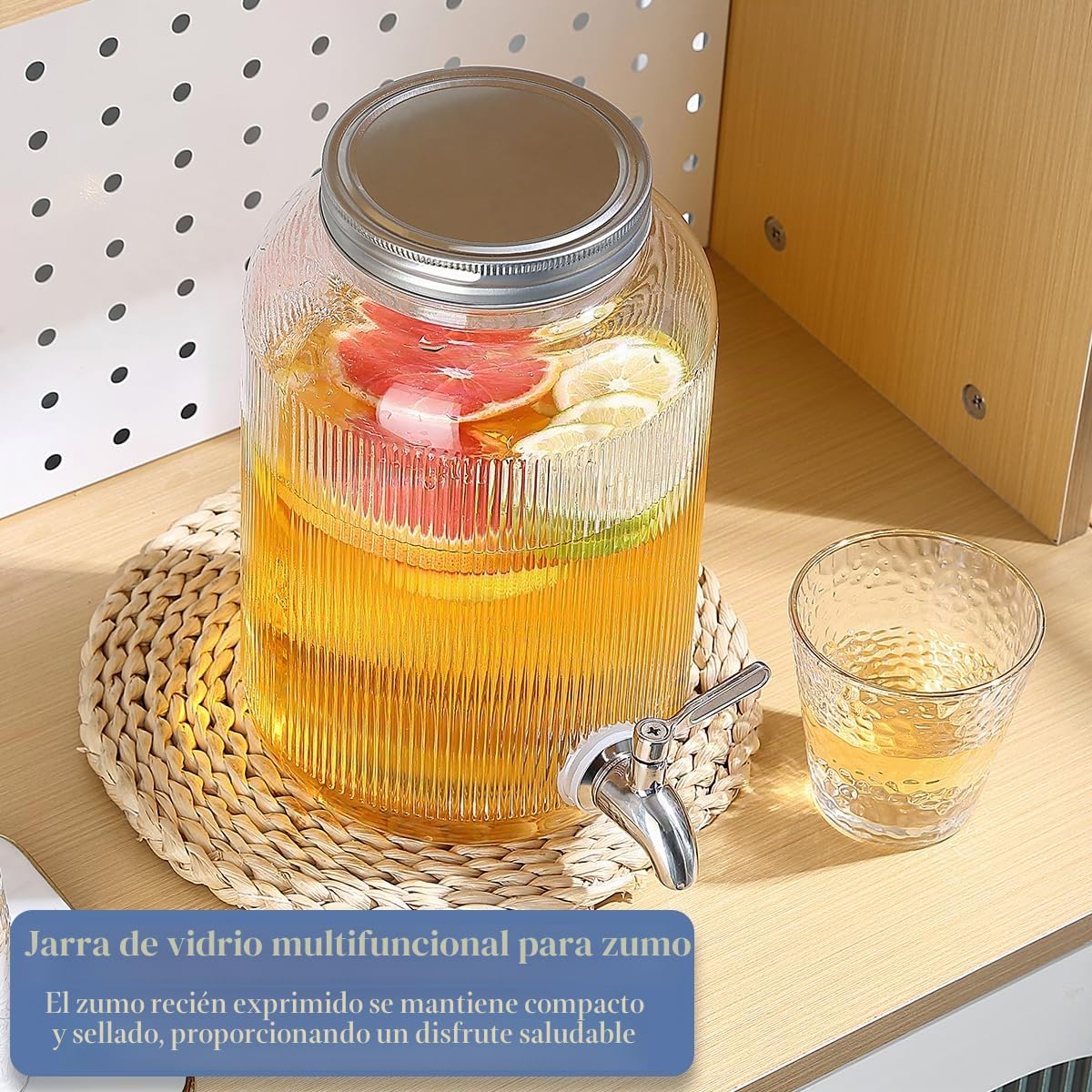 Evanda Dispensador de bebidas de vidrio con grifo de acero inoxidable a prueba de fugas, Dispensador de bebidas heladas de 4L, Dispensador de bebidas para tetera de frutas para hacer té helado