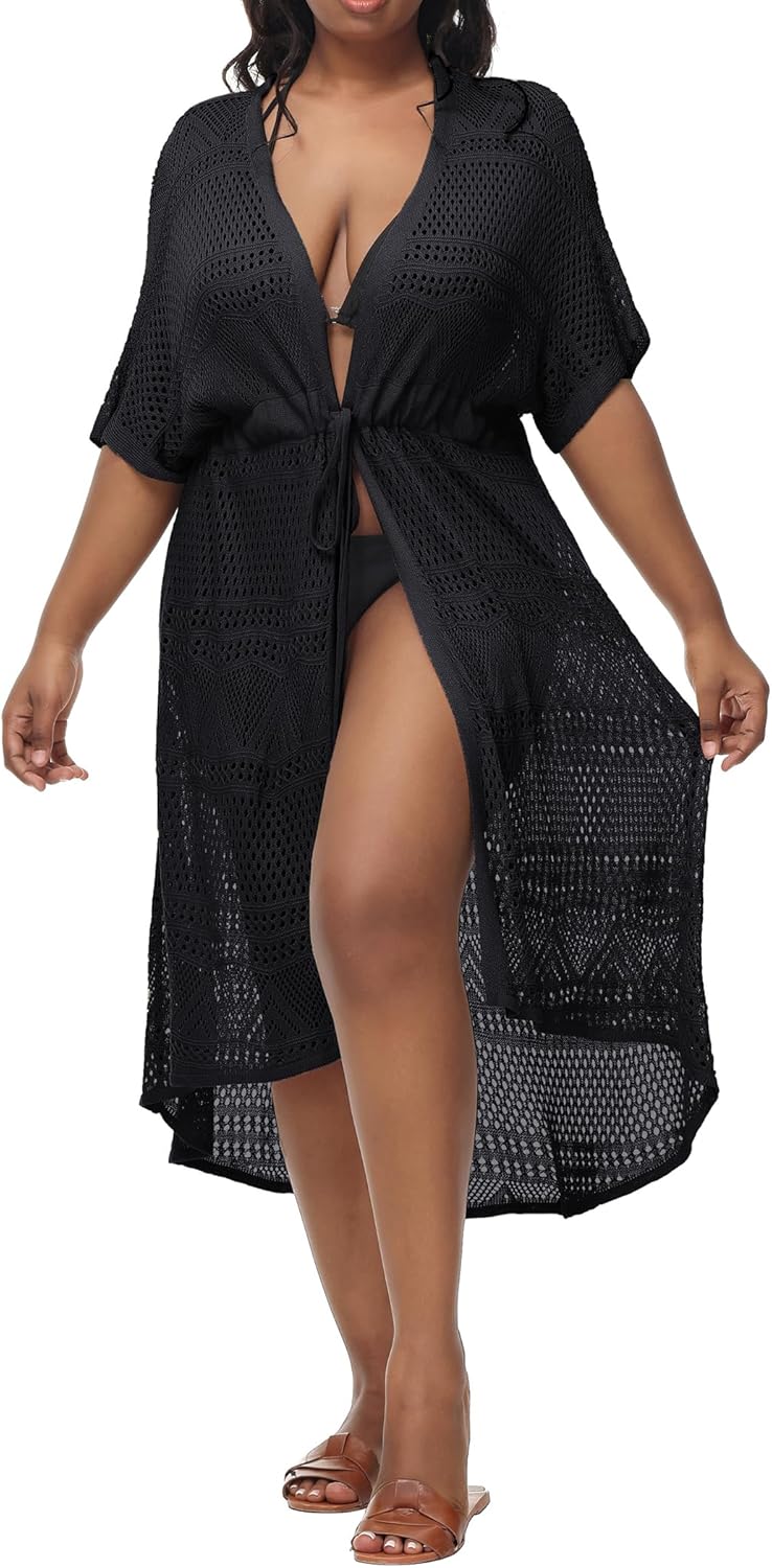 Hanna Nikole Women Plus Size Long Cover-ups for Swimwear Open Front Tie Beach Kimono Cardigan Flowy Beachwear