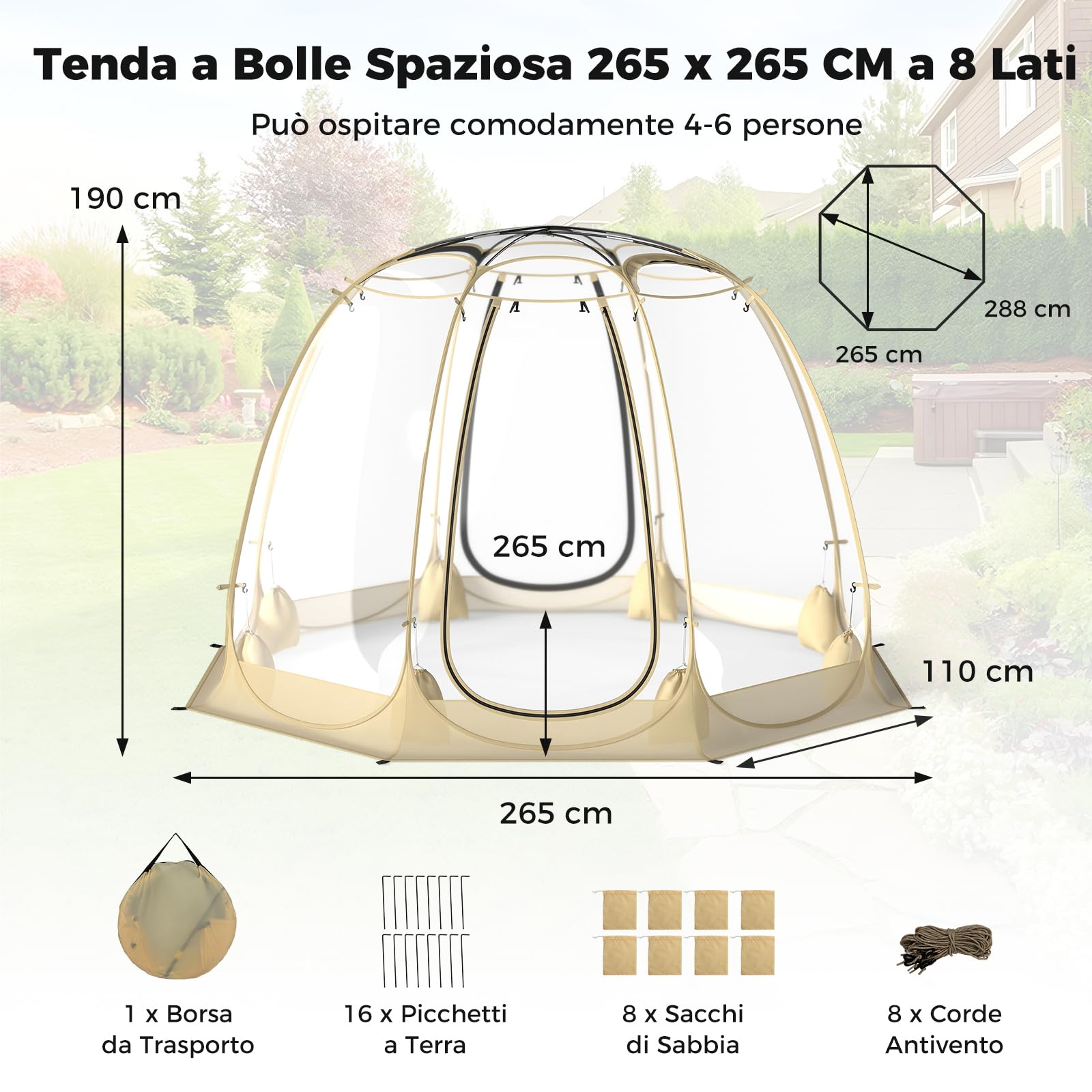 COSTWAY Tenda a Bolle Pop Up, Tenda da Campeggio Trasparente per 5-6 Persone, Antivento e Impermeabile, Igloo Portatile da Giardino in PVC, per Pesca, Spiaggia, Eventi Sportivi e Attività all’Aperto