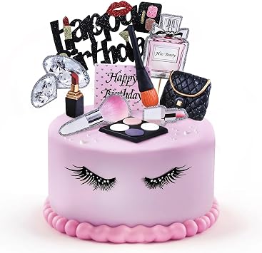 12Pack Makeup Cake Topper,Clay Lipstick Perfume Brush Cosmetic Happy Birthday Picks Cake Cupcake Decoration for Girl Women Makeup Spa Salon Birthday Party Supplies