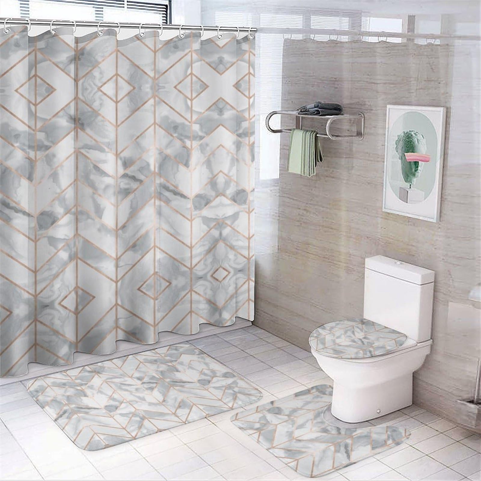 JZemdybill Bathroom Mat Set 4 Piece, Marble White Pink Shower Curtain with Non-Slip Bath Mats for Bathroom