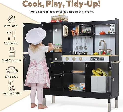Miniatura 3 de Juego de cocina para niños, juego de cocina de madera para niños con sonidos realistas, juego de cocina con estufa, horno y máquina de hielo, cocina