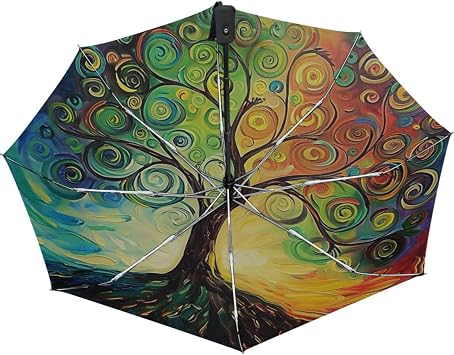 Wamika Rainbow Tree of Life Auto Umbrella Open Close Oil Painting Art Anti-UV Umbrellas Compact Windproof Lightweight Parasol Umbrella for Travel Car School Sun & Rain