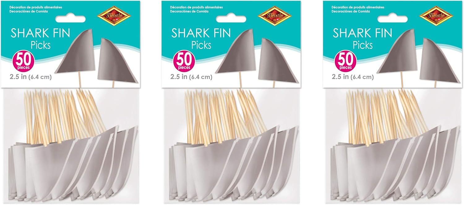 Beistle 50 Piece Shark Fin Food Picks Under The Sea Party Supplies Cupcake Toppers Luau Theme Decorations, 2.5", Gray