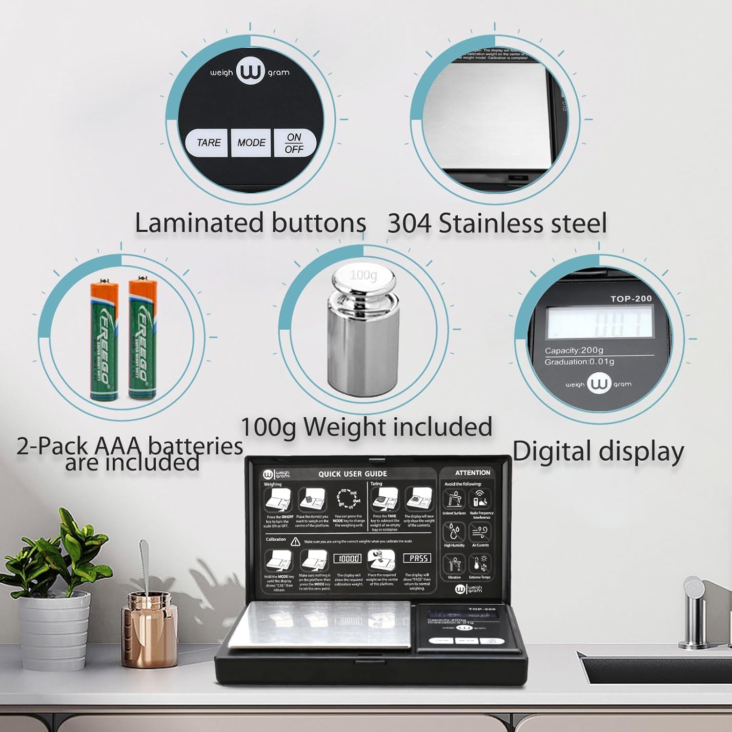 Weigh Gram 200g x 0.01g Mini Digital Gram Scale & 50g/0.001g Milligram Scale, Small Food & Jewelry Scale, Ounces Grains Scale with Calibration Weight