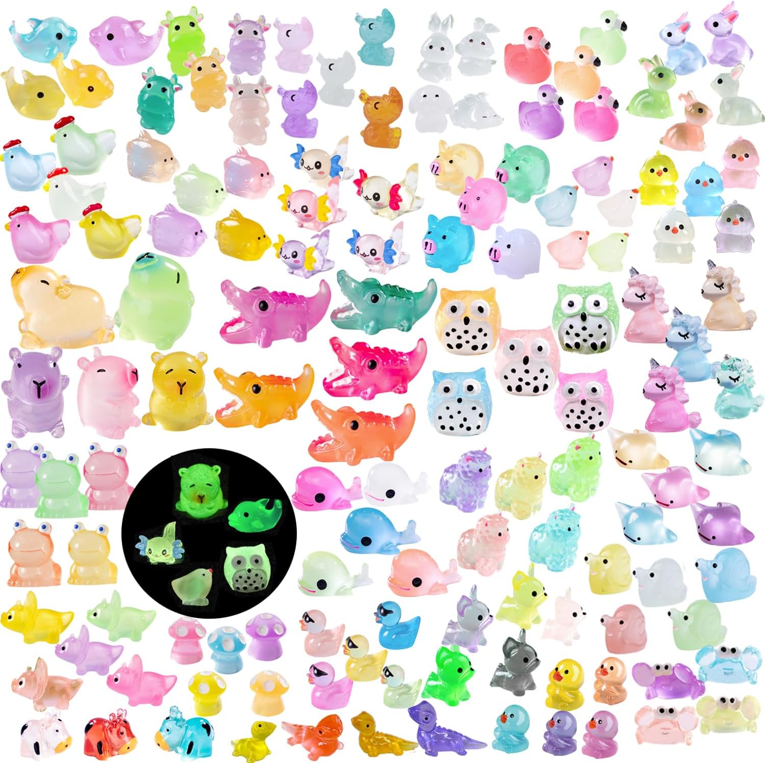 U-Zimikee 150 Pcs Luminous Mini Resin Animals Miniature Animals Figurines Tiny Little Animals Glow in Dark Small Animal Figures to Hide Mini Animals Micro Landscape Ornaments Fairy Garden Accessories