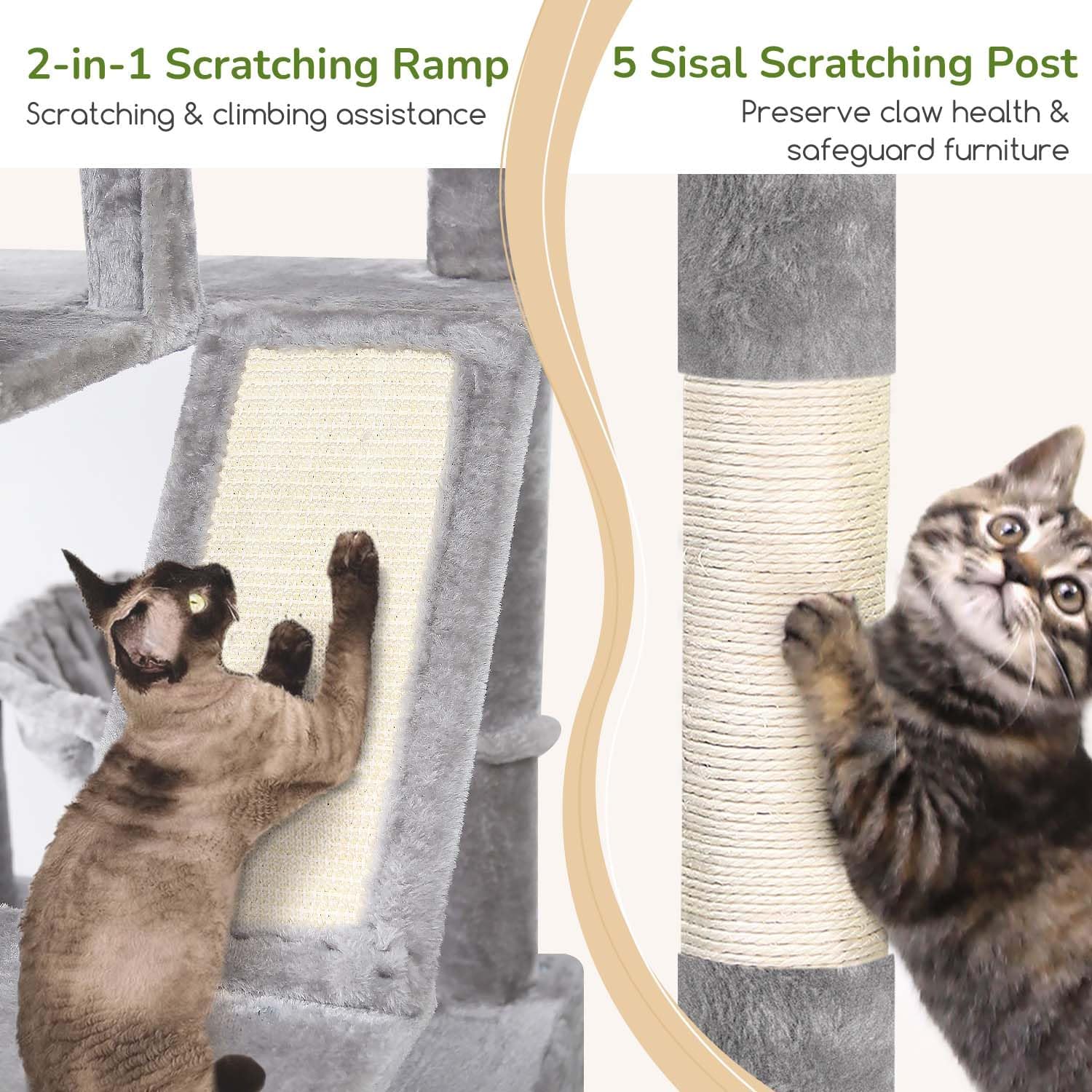 Cat scratching a sisal post and another cat using the scratching ramp on the cat tree