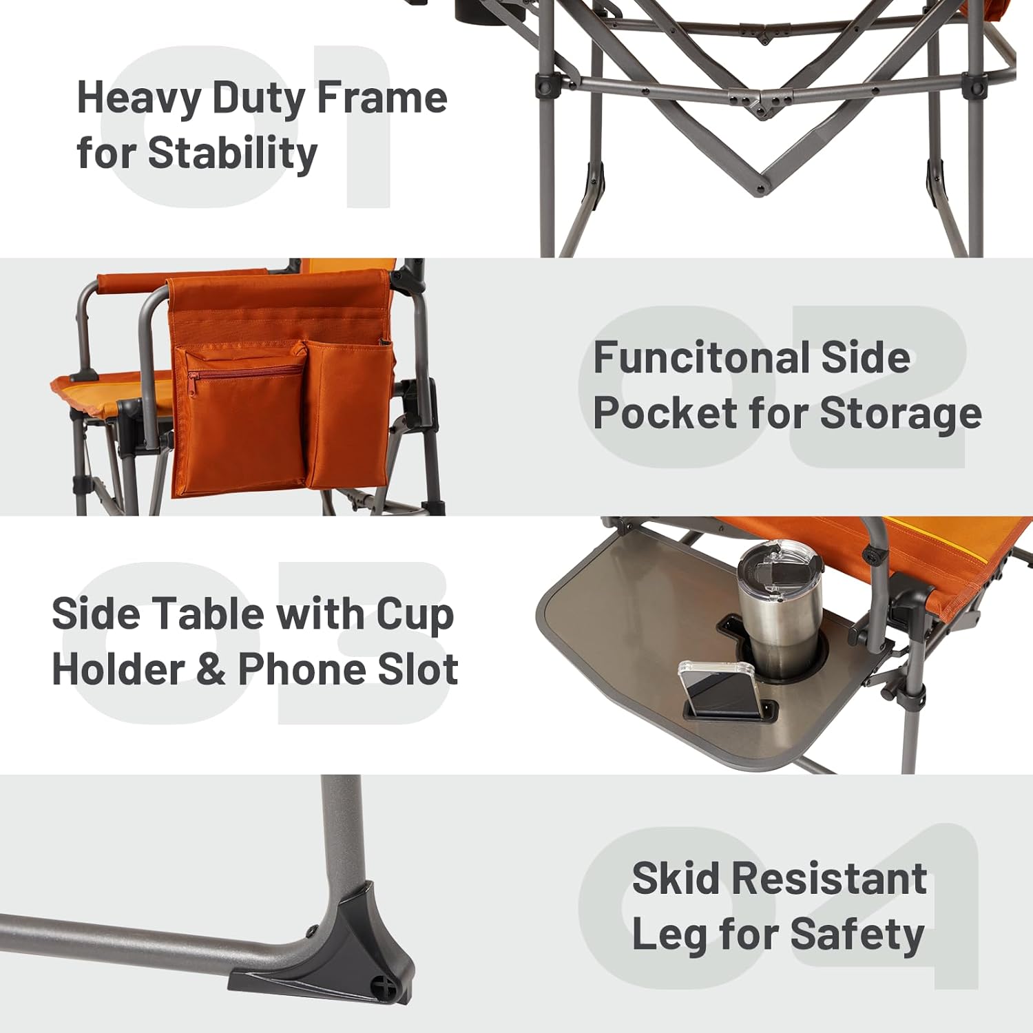 Timber Ridge Aluminum Camping Directors Chair with Side Table Pocket, Portable Folding Chair, Heavy Duty Lawn Chair for Fishing Trip Picnic Concert Outdoor 400lbs, Orange