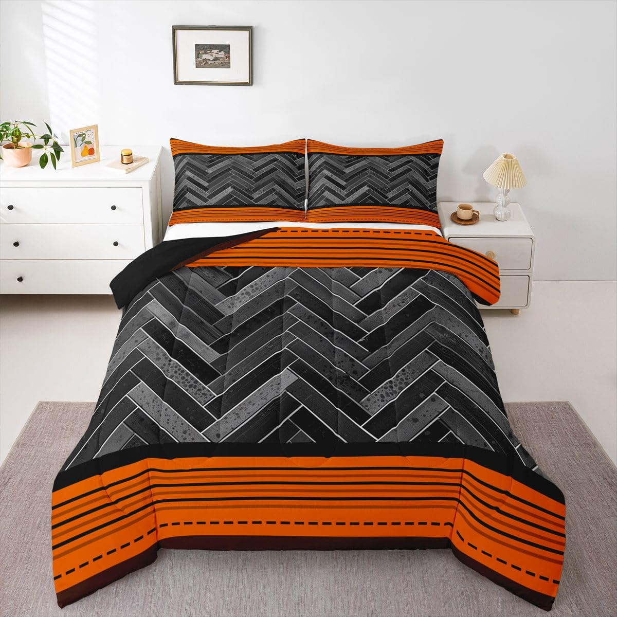 Castle Fairy Orange Stripes Kids Comforter Set Toddler Size,Gray Black Rectangle Patchwork Reversible Quilt Set for Boys Bedroom Decor,Vintage Lines Geometric Duvet Insert,1 Pillowcase
