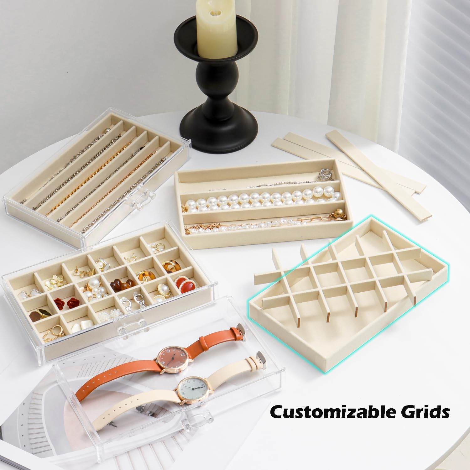 Jewelry Organizer with 5 Drawers Clear Acrylic Earring Display Case Velvet Jewelry Storage Box Display Holder for Earring Ring Bracelet Necklace (Beige, 48 Grids) - Image 6