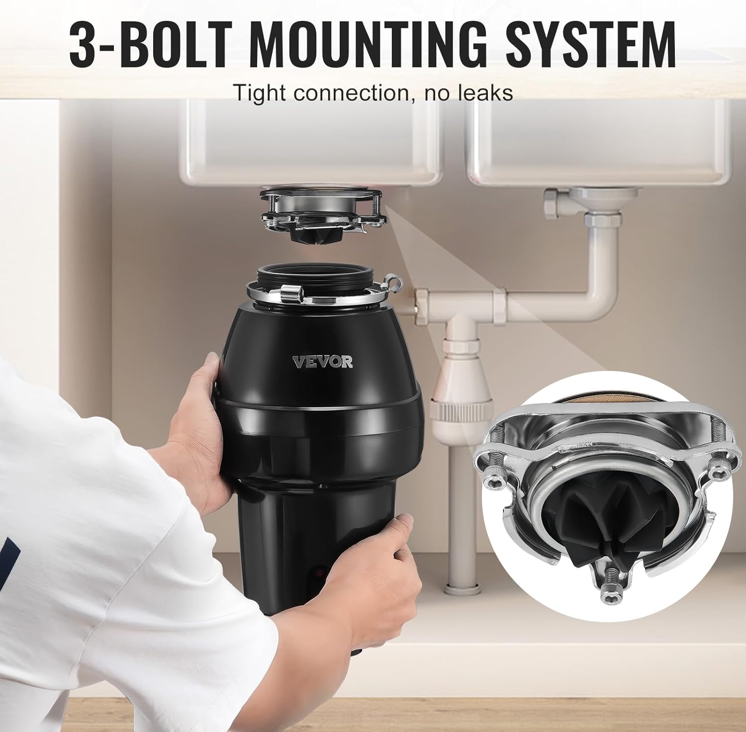 Hands installing the VEVOR JWM-331 Garbage Disposer onto a 3-bolt mounting system under a sink