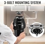 VEVOR Garbage Disposal, 1/2 HP 3450RPM Continuous Feed Food Waste Disposer, 3-Bolt Mount Food Waste Grinding System with Sound Reduction, Power Cord & Splash Guard for Kitchen Sinks