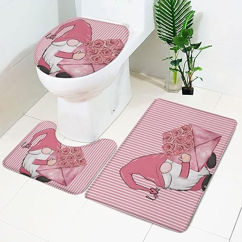 Royalours 3 juegos de alfombras y tapetes de baño de San Valentín alfombras de baño de gnomo antideslizantes rosas de amor rosas sobre paisaje