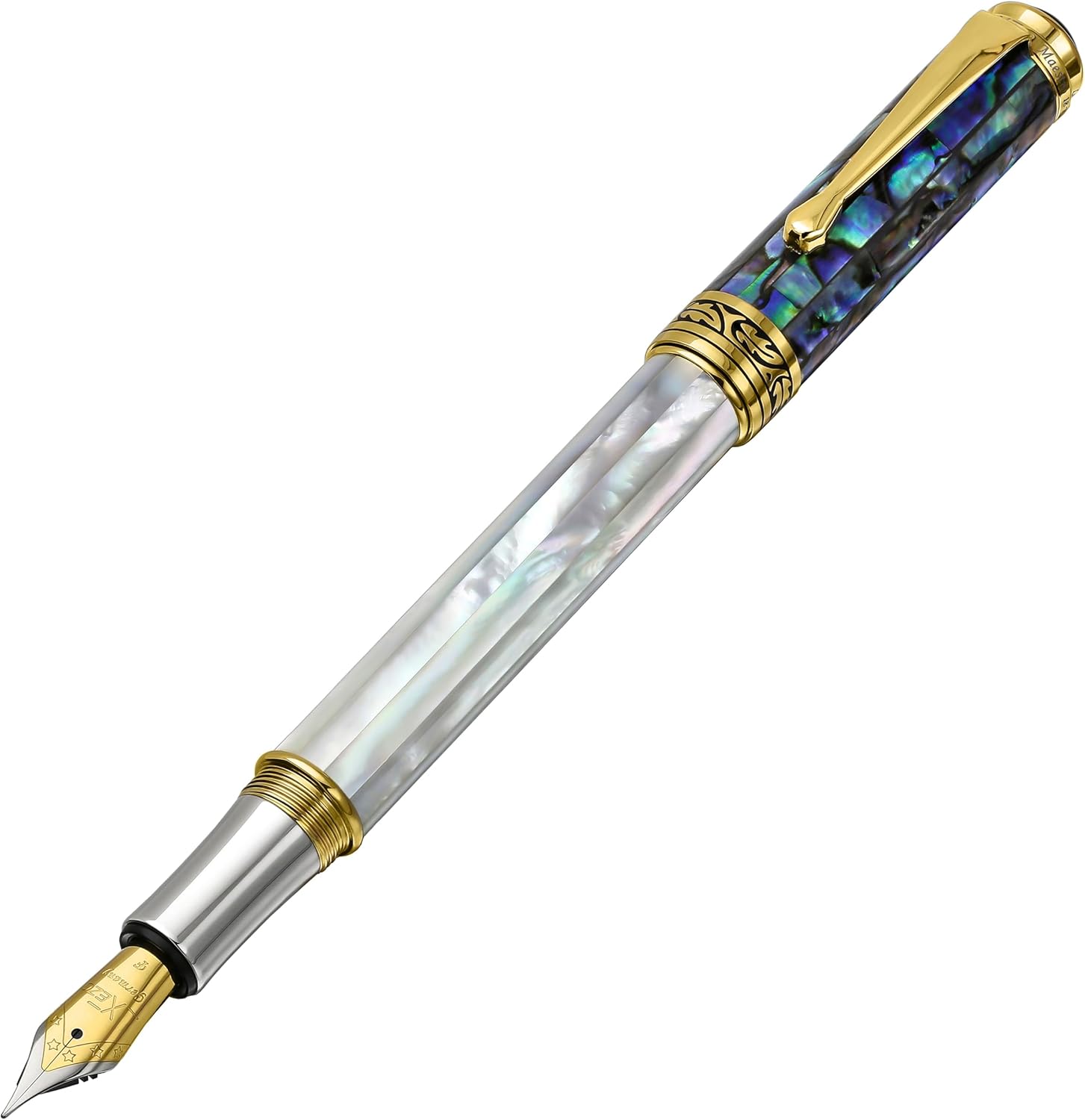 Stylo plume Xezo Maestro, pointe fine, nacre océanique irisée et coquille Pāua, plaqué or 18 carats et platine pur. Chaque pièce unique