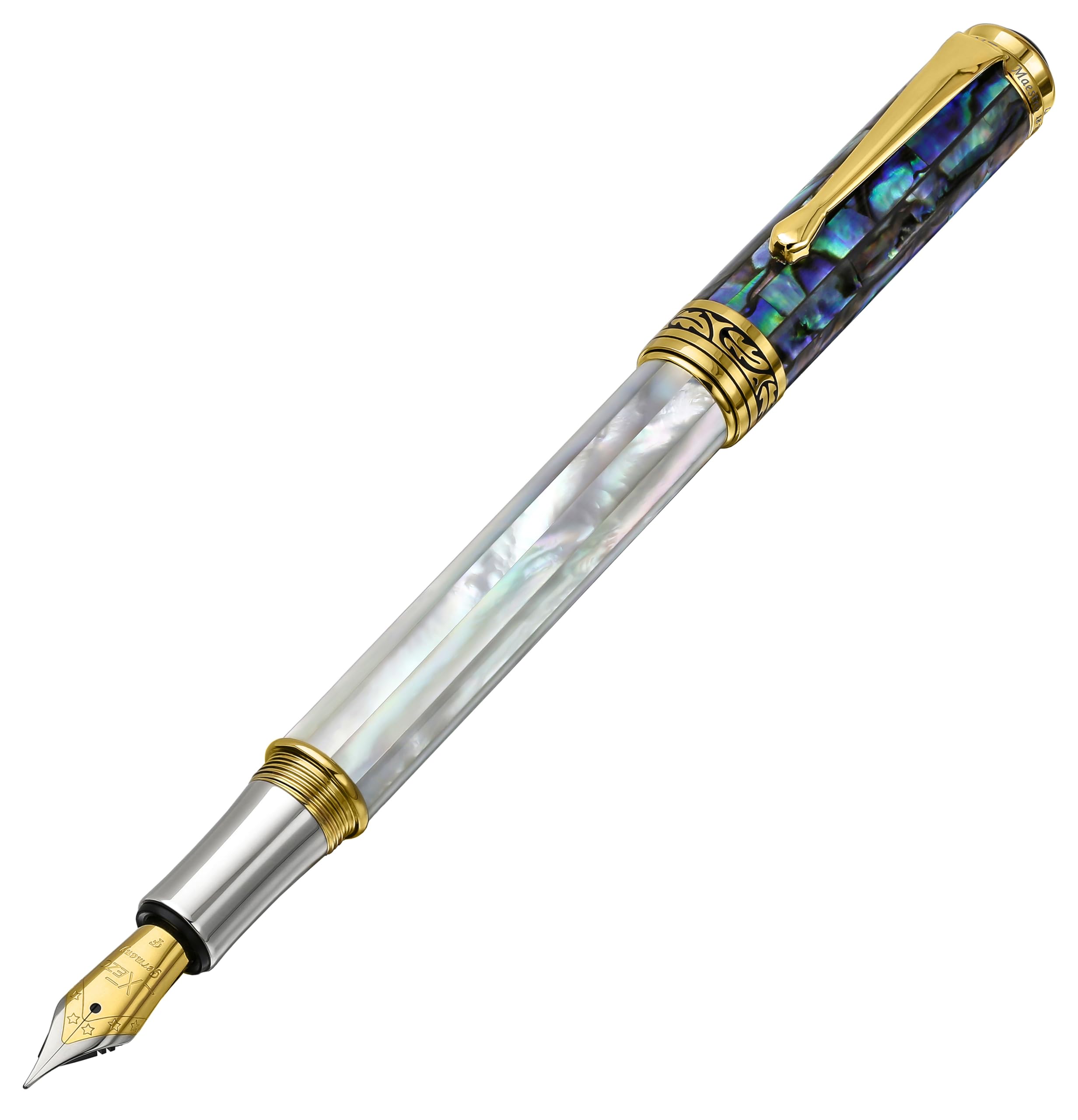 Xezo Penna stilografica Maestro, punta fine. Conchiglia madreperla bianca e conchiglia marina pāua di origine oceanica. Placcatura in oro 18 carati e platino puro. Unicità di design.