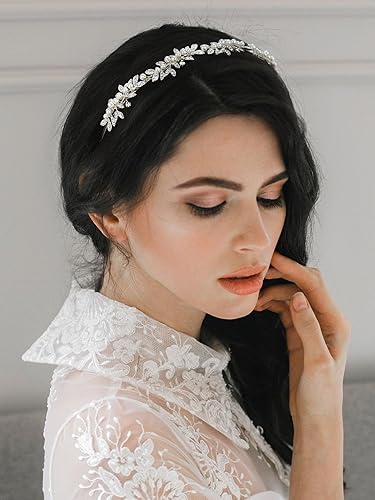 Miniatura 3 de SWEETV Diadema de novia con diamantes de imitación, tiara de cristal dorado para mujer, tocados de boda de perlas para novia, accesorios para el