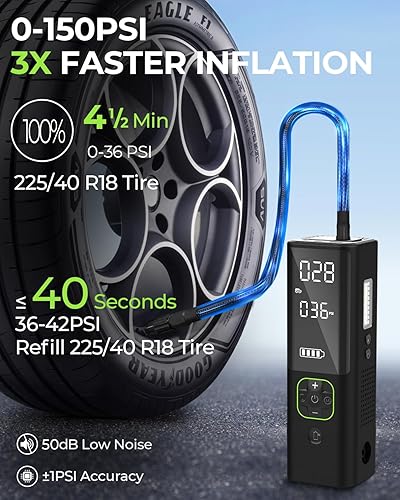 Miniatura 2 de Inflador de neumáticos, compresor de aire portátil, inflador de neumáticos portátil 3 veces más rápido, compresor de aire portátil de 150 PSI con