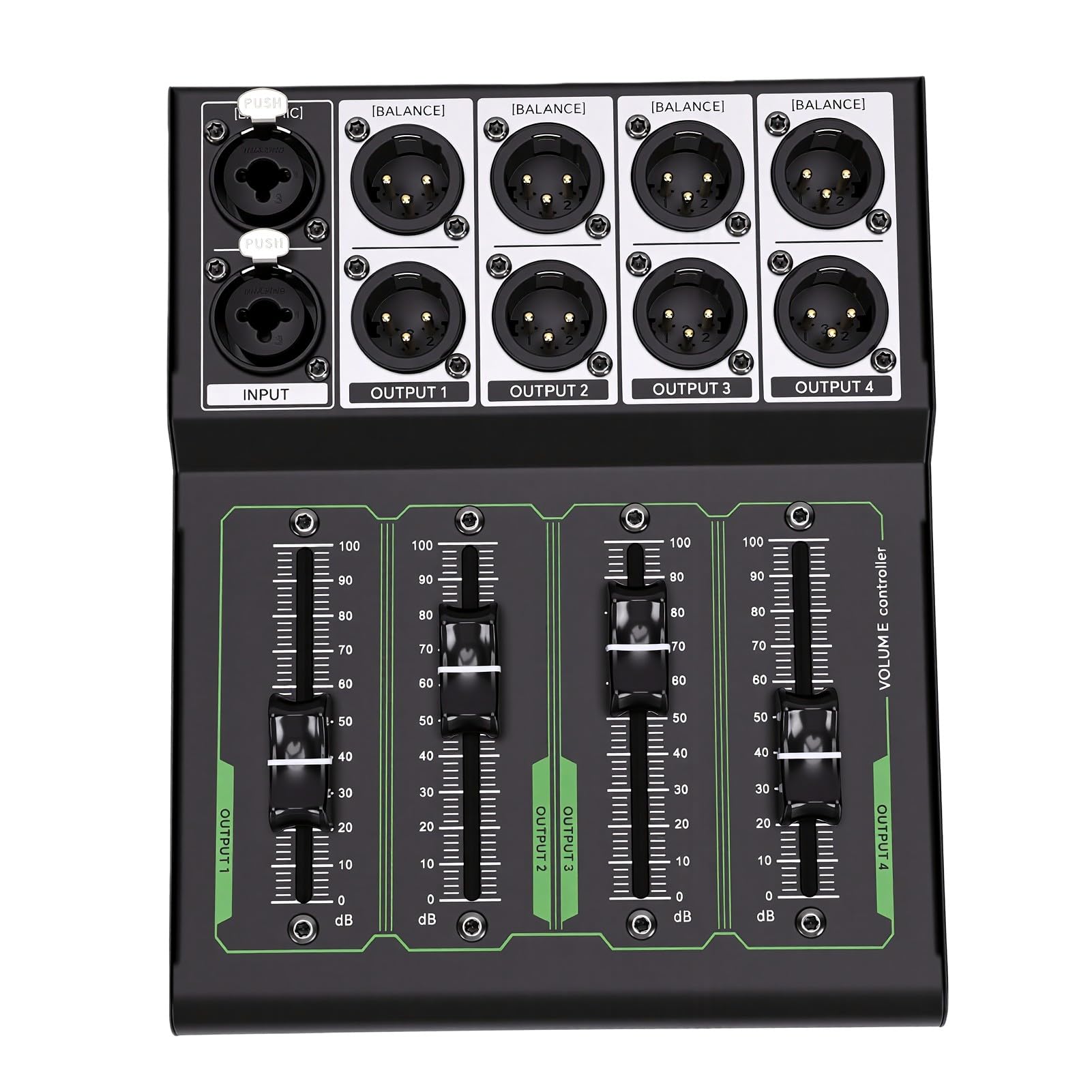 Bewinner Controller Volume Passivo Xlr per Mixer da Studio a 4 Canali | Corpo in metallo, fader da 70 mm, 1 ingresso 4 uscite, Home Theater, studio di registrazione